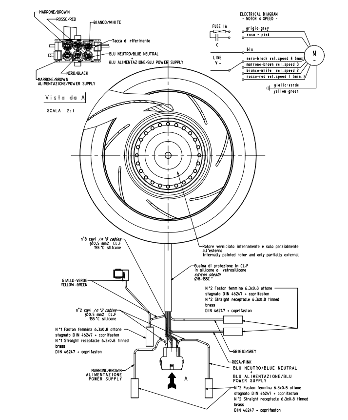 TKFAN 220mm AC Centrifugal Fan Impeller Structure and Wiring Schematic